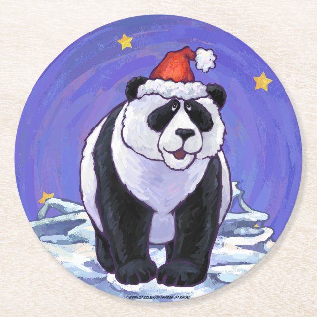Panda Bear Christmas Round Paper Coaster (Front)