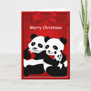 Panda Bear Couple Baby Merry Christmas Greeting Holiday Card