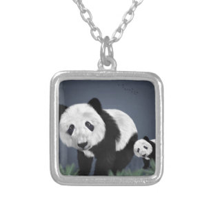 panda bear cute cuddly animal black white sweet silver plated necklace