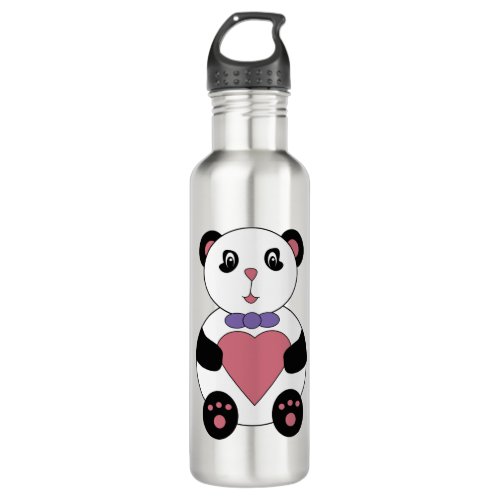 Panda Bear Cute Purple Bow Tie Pink Heart Stainless Steel Water Bottle