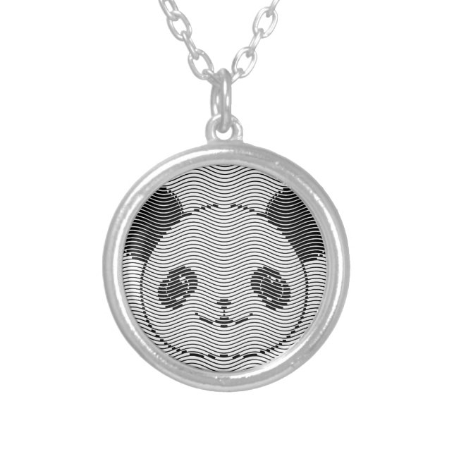 Panda Bear Face On Wave Pattern Silver Plated Necklace (Front)