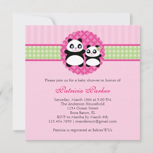 Panda Bear Girl Baby Shower Invitation