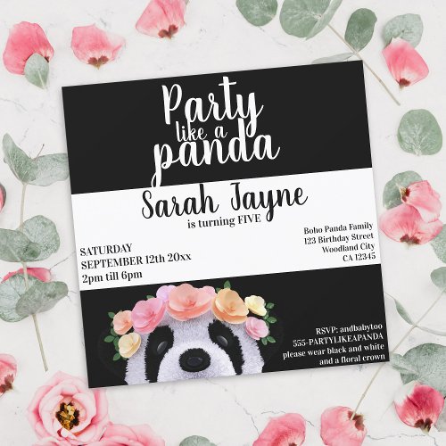Panda Bear Girl Birthday Party Invitation