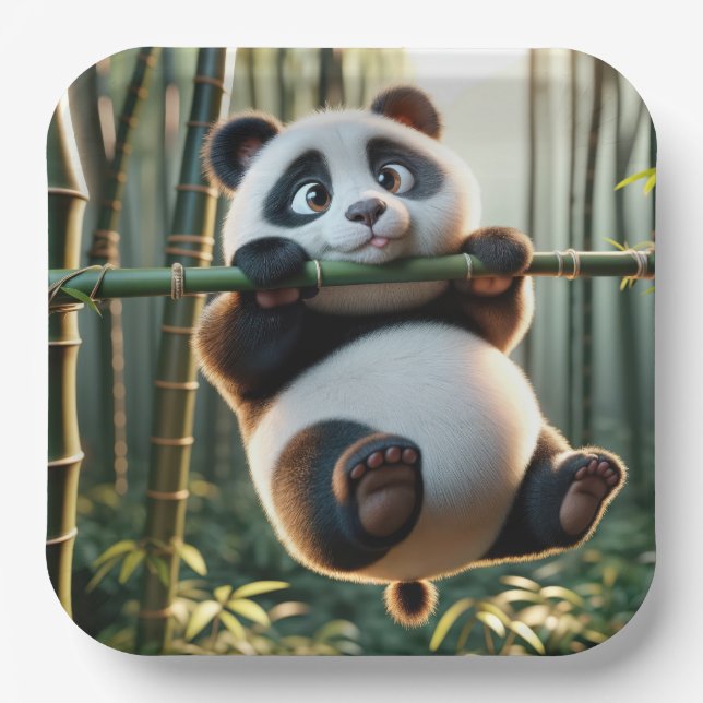 Panda Bear Hanging From a Bamboo Branch Paper Plates (Front)