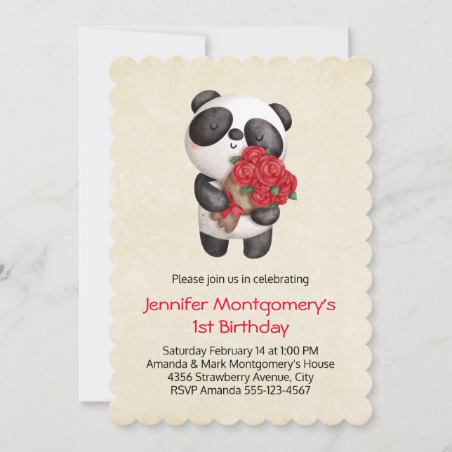 Panda Bear Holding Bouquet of Roses Birthday Invitation (Front)