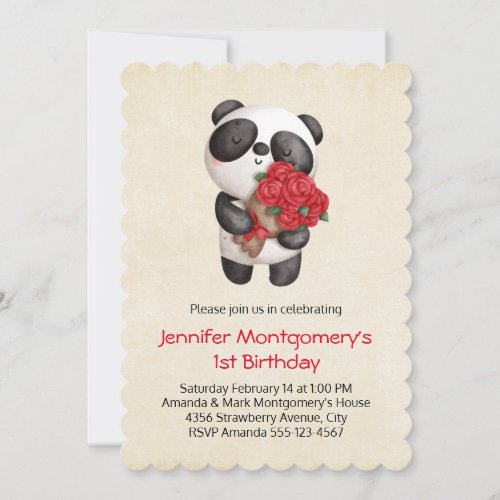 Panda Bear Holding Bouquet of Roses Birthday Invitation