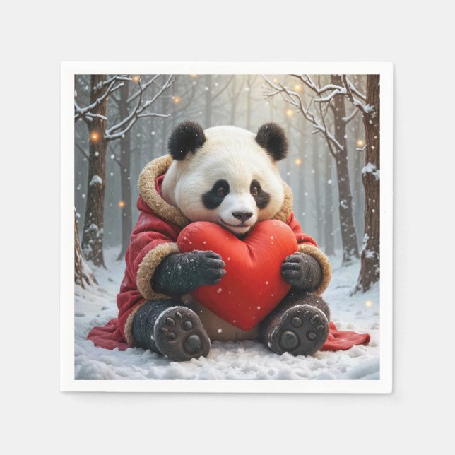 Panda Bear Hugging a Red Heart Pillow Napkins (Front)