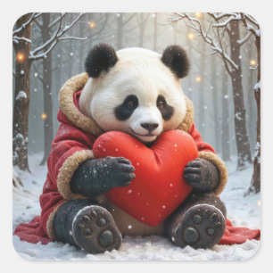 Panda Bear Hugging a Red Heart Pillow Square Sticker