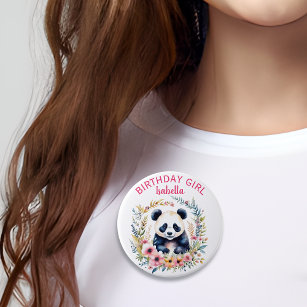 Panda Bear in Flowers Girl's Birthday Girl Button
