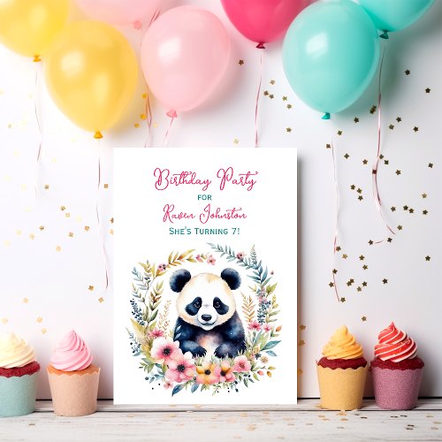 Panda Bear in Flowers Girls Birthday Invitation