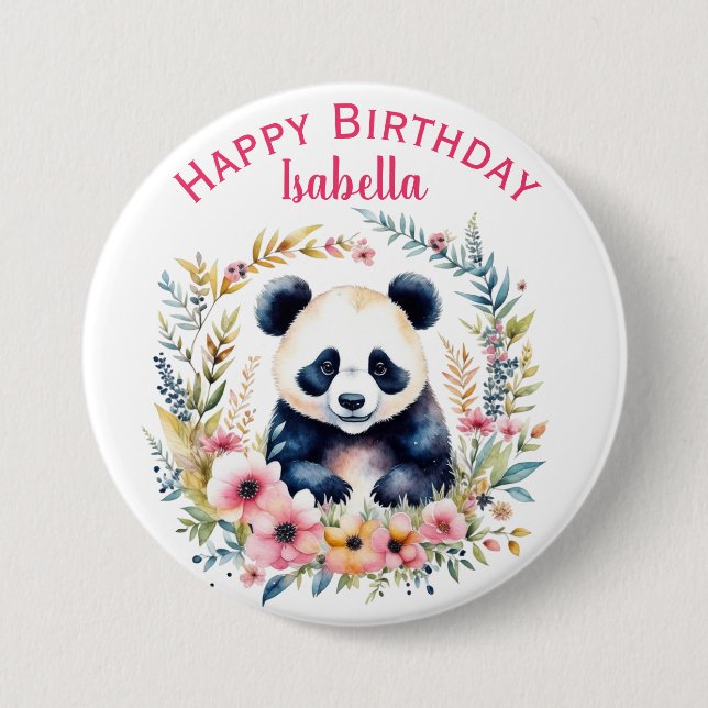 Panda Bear in Flowers Girl's Birthday Personalized Button (Front)