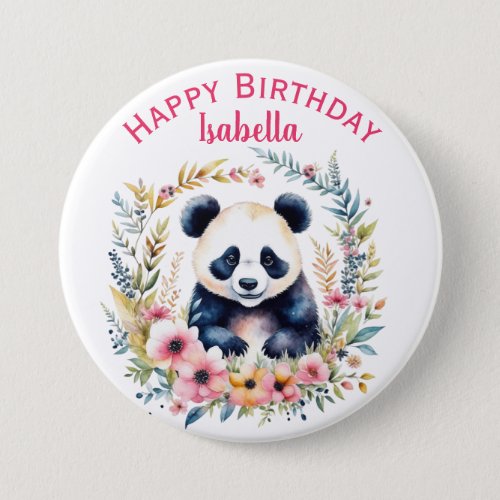 Panda Bear in Flowers Girls Birthday Personalized Button