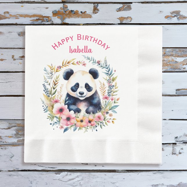 Panda Bear in Flowers Girl's Birthday Personalized Napkins (Creator Uploaded)