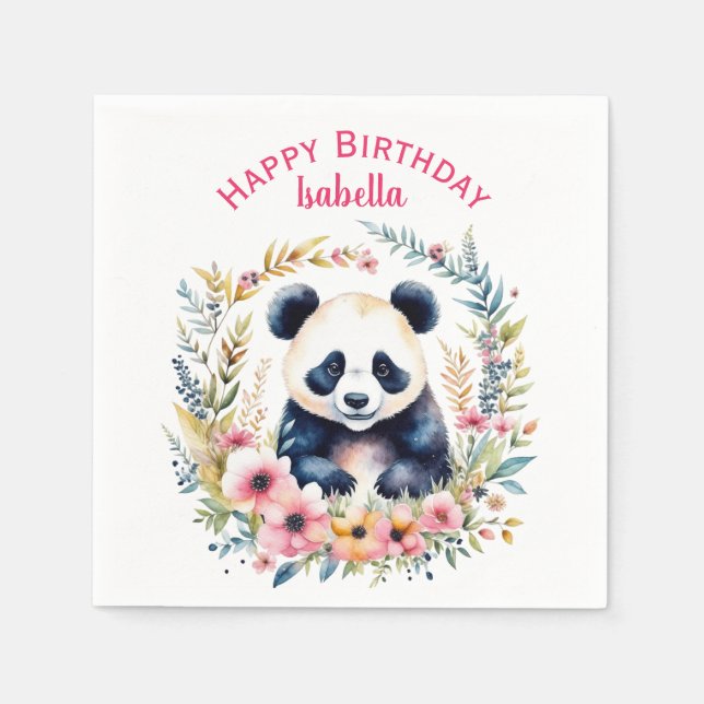Panda Bear in Flowers Girl's Birthday Personalized Napkins (Front)