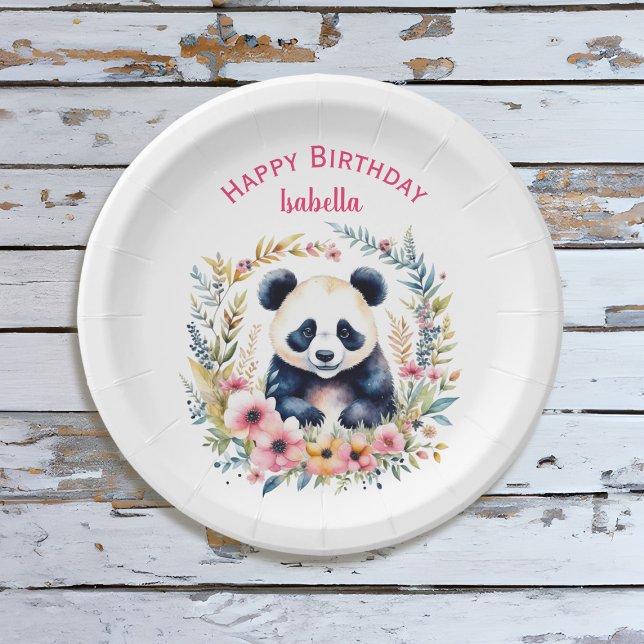 Panda Bear in Flowers Girl's Birthday Personalized Paper Plates (Creator Uploaded)