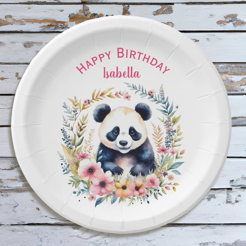 Panda Bear in Flowers Girls Birthday Personalized Paper Plates