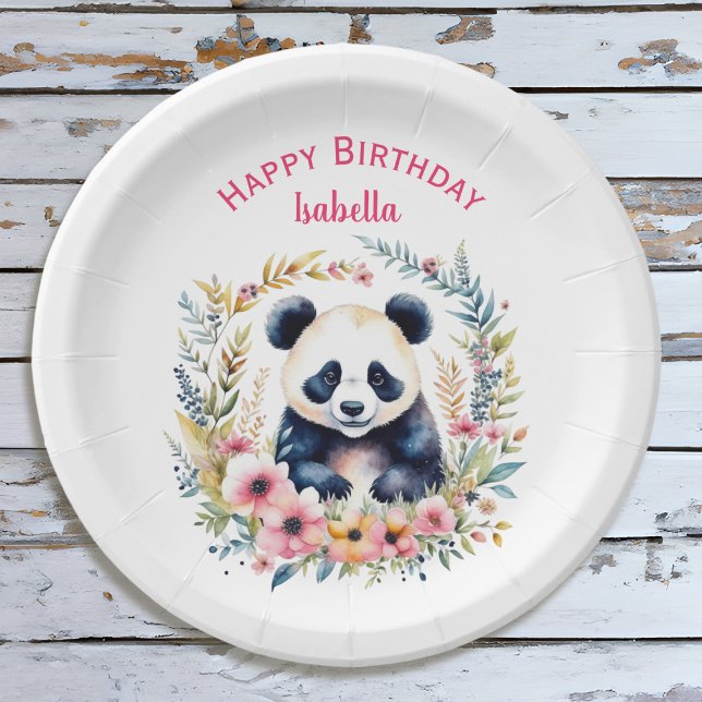 Panda Bear in Flowers Girl's Birthday Personalized Paper Plates (Creator Uploaded)