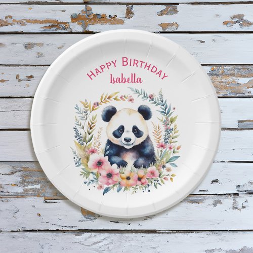 Panda Bear in Flowers Girls Birthday Personalized Paper Plates