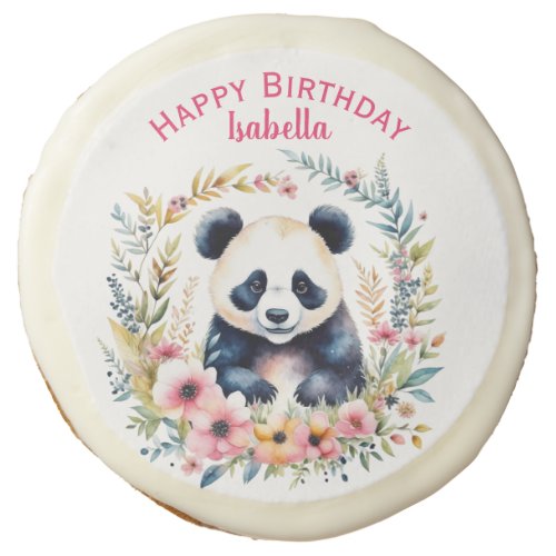 Panda Bear in Flowers Girls Birthday Personalized Sugar Cookie