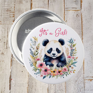 Panda Bear in Flowers Girl's It's a Girl Button