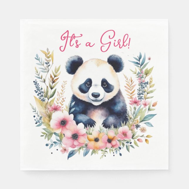 Panda Bear in Flowers Girl's It's a Girl Napkins (Front)