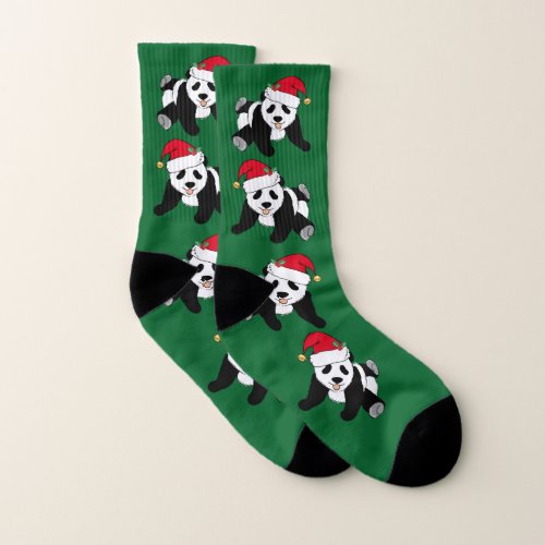 Panda Bear in Santa Hat Christmas Cute Green Socks