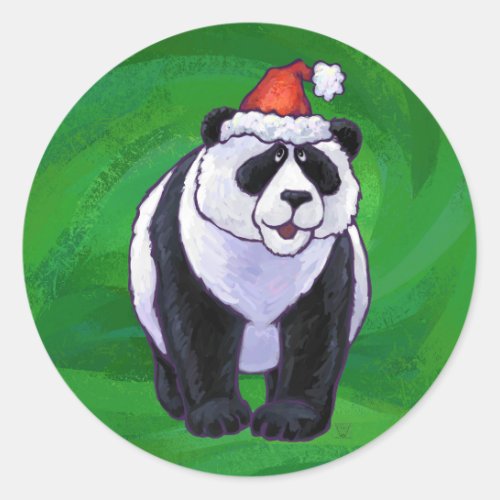 Panda Bear in Santa Hat on Green Classic Round Sticker
