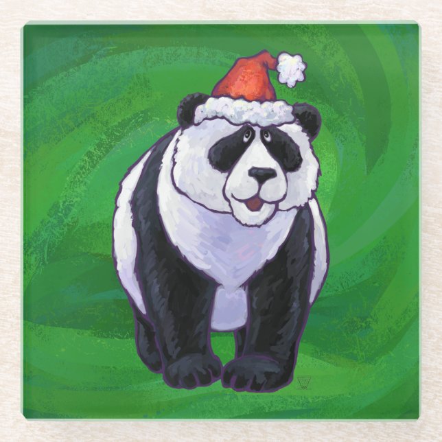 Panda Bear in Santa Hat on Green Glass Coaster (Front)