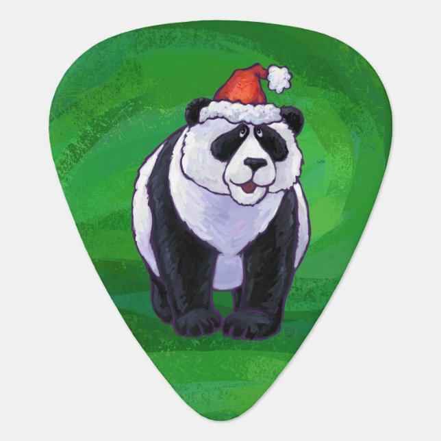 Panda Bear in Santa Hat on Green Guitar Pick (Front)
