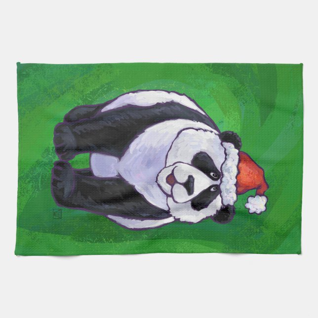 Panda Bear in Santa Hat on Green Kitchen Towel (Horizontal)