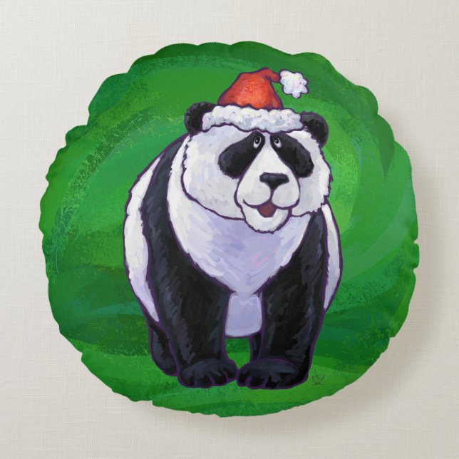 Panda Bear in Santa Hat on Green Round Pillow (Front)