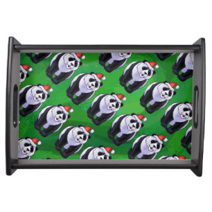 Panda Bear in Santa Hat on Green Serving Tray