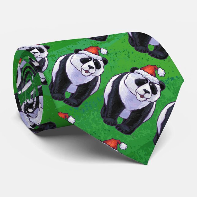 Panda Bear in Santa Hat on Green Tie (Rolled)