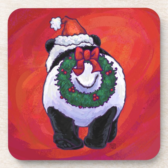 Panda Bear in Santa Hat On Red Beverage Coaster (Front)