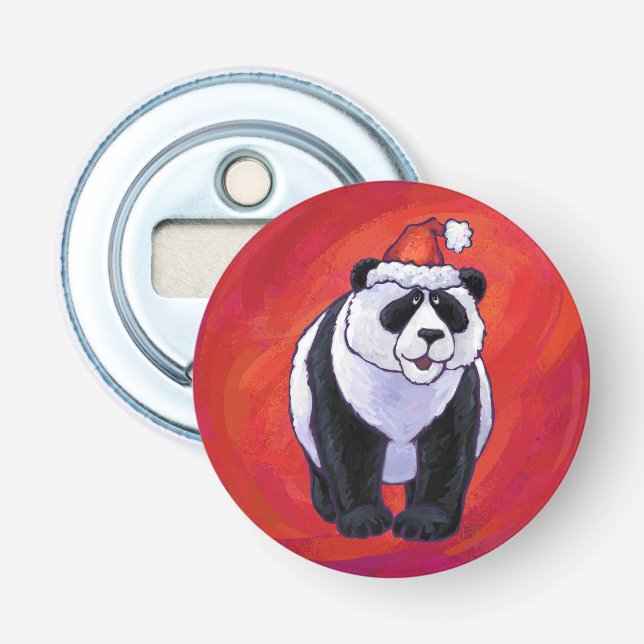 Panda Bear in Santa Hat On Red Bottle Opener (Front)