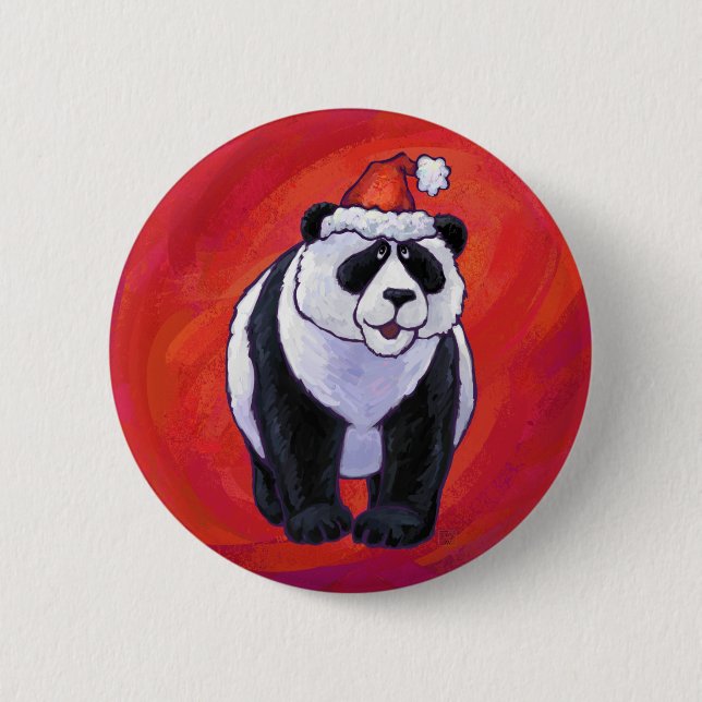 Panda Bear in Santa Hat On Red Button (Front)