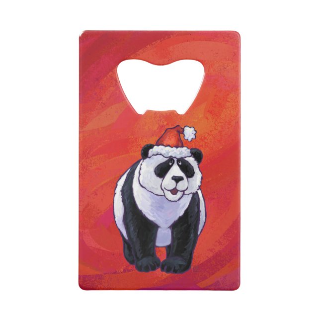 Panda Bear in Santa Hat On Red Credit Card Bottle Opener (Front)