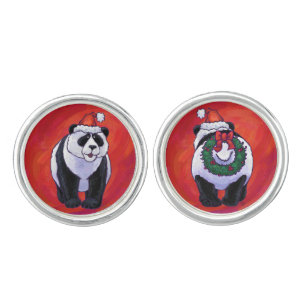 Panda Bear in Santa Hat On Red Cufflinks