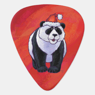 Panda Bear in Santa Hat On Red Guitar Pick