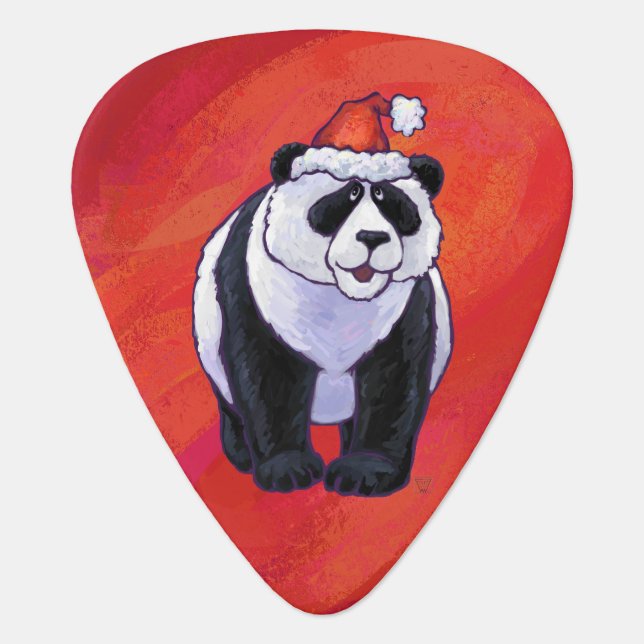 Panda Bear in Santa Hat On Red Guitar Pick (Front)