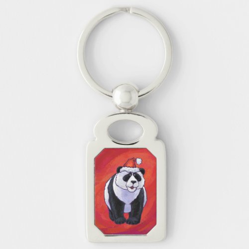 Panda Bear in Santa Hat On Red Keychain