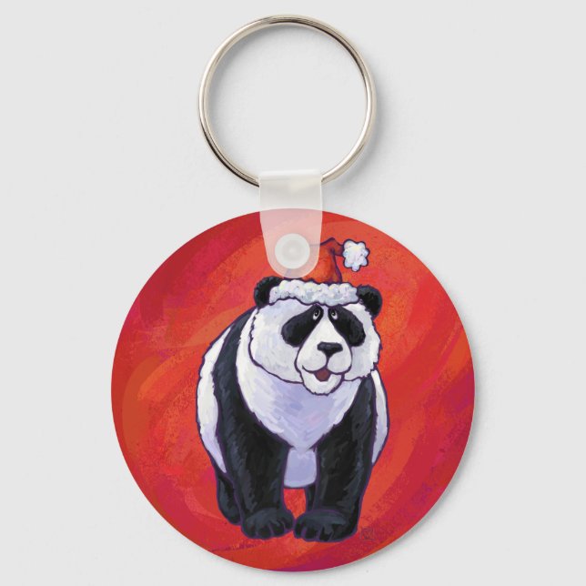 Panda Bear in Santa Hat On Red Keychain (Front)