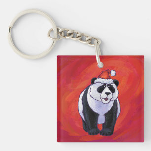Panda Bear in Santa Hat On Red Keychain