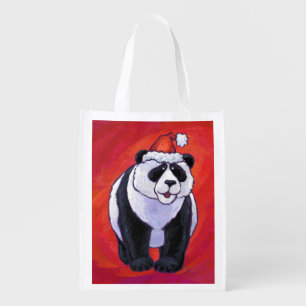 Panda Bear in Santa Hat On Red Reusable Grocery Bag