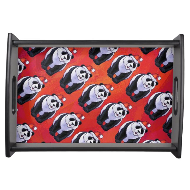 Panda Bear in Santa Hat On Red Serving Tray (Front)