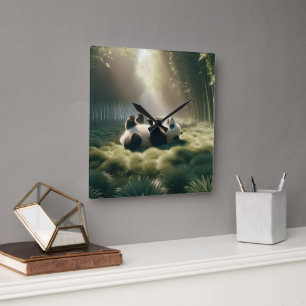 Panda Bear In Sunshine  Square Wall Clock
