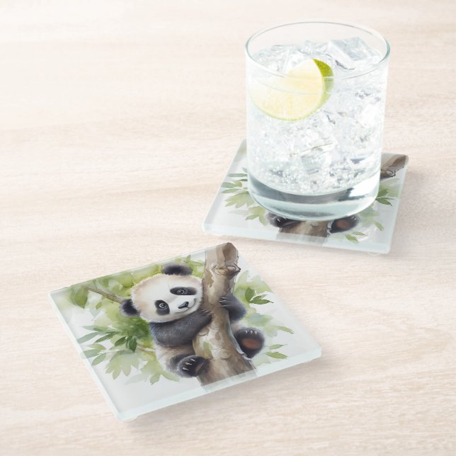 Panda Bear In Tree Glass Coaster (Angled)