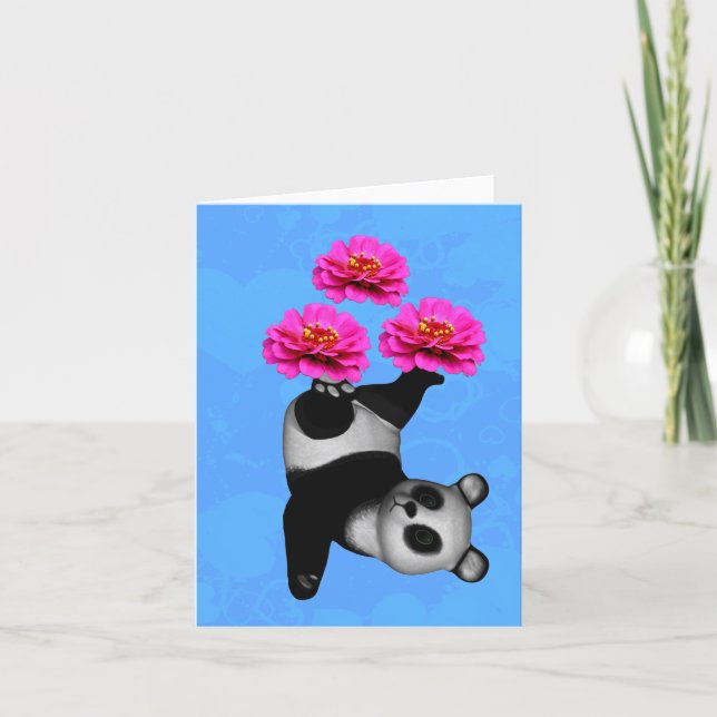 Panda Bear Juggling Pink Zinnias Note Card (Front)