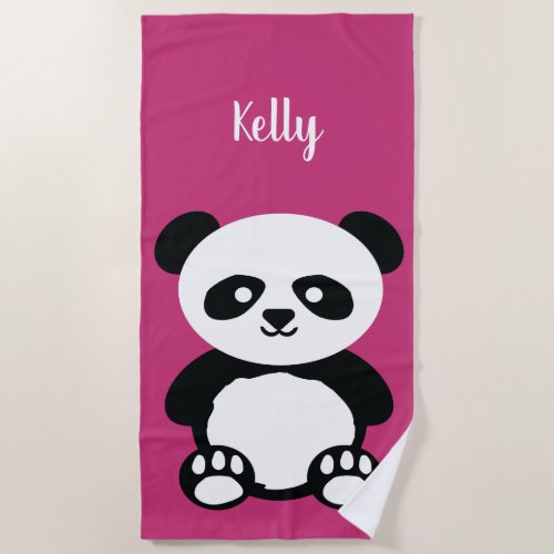 Panda Bear Kawaii Personalized Kids Bright Pink Beach Towel