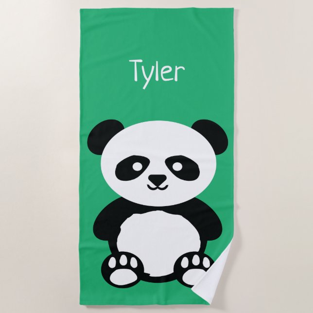Panda Bear Kawaii Personalized Kids Green Beach Towel (Front)